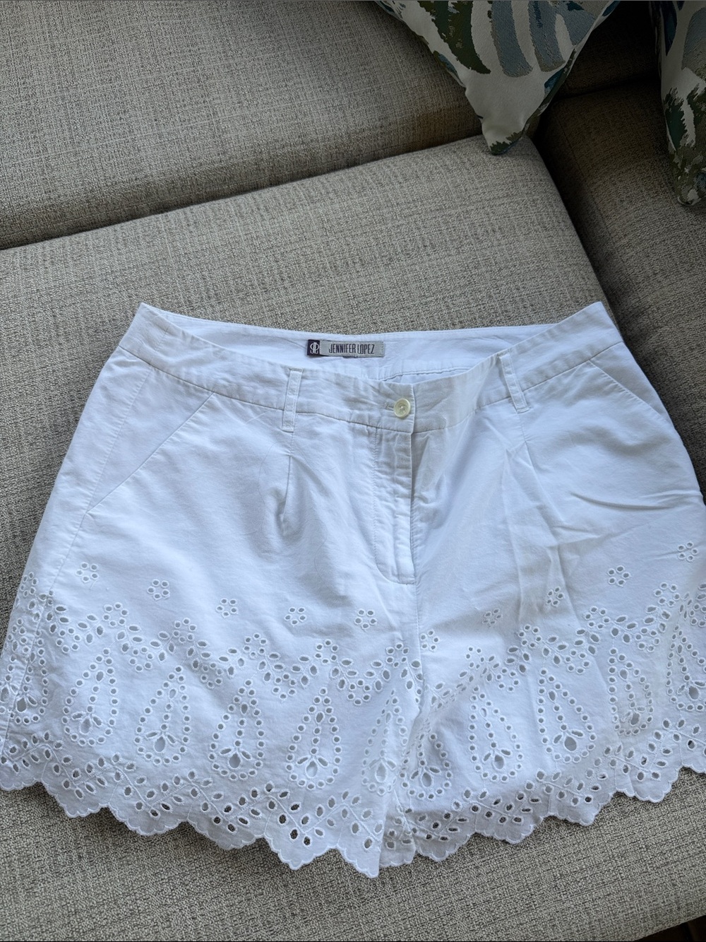 Jennifer Lopez White Eyelet Scalloped Hem Bermudas
